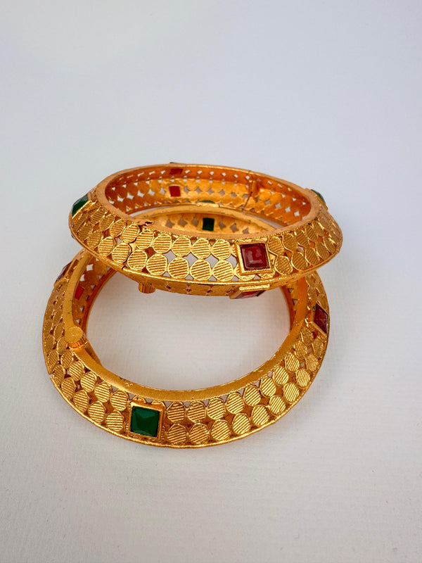 22K Gold plated Elegant Indian Kada pair with green and red stones