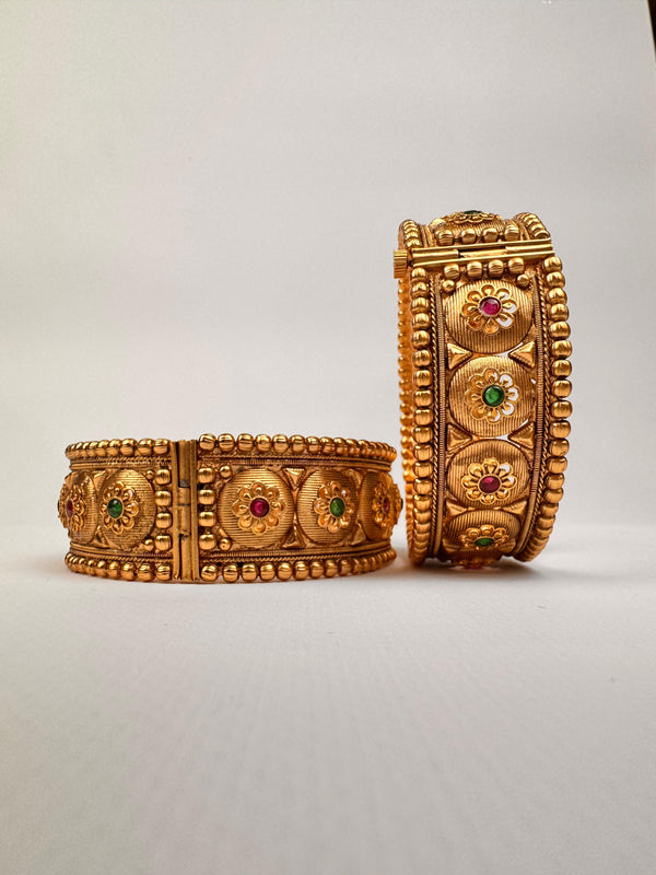 22K Gold plated Elegant Indian Kada pair with green and red stones