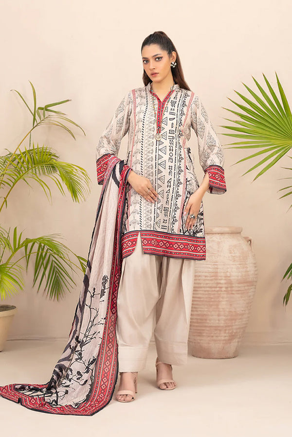3-Piece Digital Print Stitched Lawn Suit - Off White & Maroon