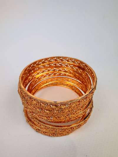 Set of 6 Gold-Plated Bangles with Intricate Scrollwork & Stones