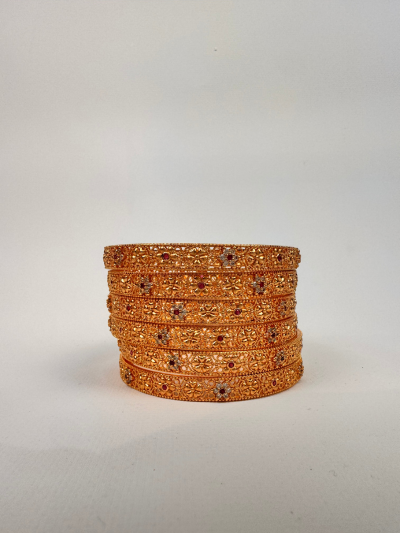 Ornate Set of 6 Gold-Plated Bangles with Ruby & Clear Stone Accents